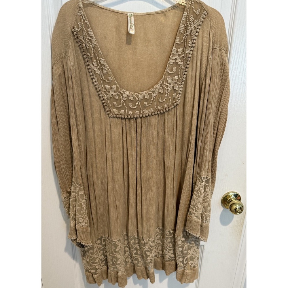 Shoreline Crochet Beach Coverup Tunic Tan Dress Boho Pirate Peasant Long Sleeve‎